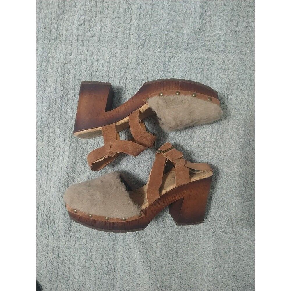 Korks Faux Fur Wooden Clog Heeled Sandals Size 10 Y2K Boho Outdoor Natural